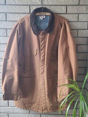 Vintage 'Bulwark' faded tan canvas button-up fleece lined workwear chore jacket